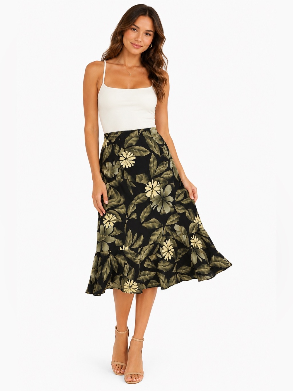 80s/90s Vintage Sag Harbor Floral Ruffle Midi Skirt (Black/Green) 6P